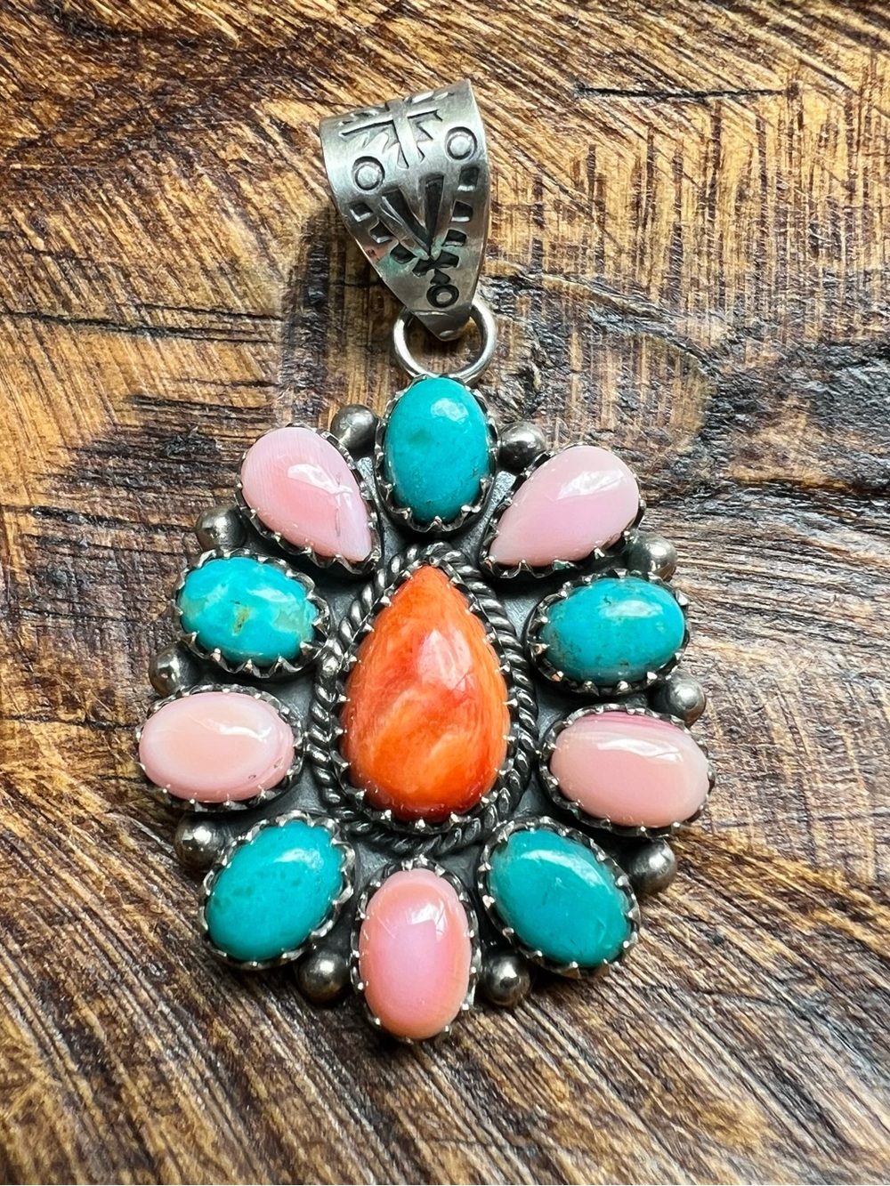 Sterling Kingman Turquoise Queen Conch Spiny Oyster Cluster Pendant